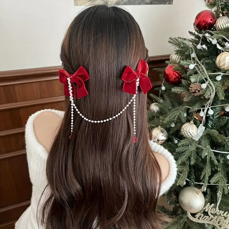 elegant velvet bow hair clips pearl strands perfect - Temu elegant velvet bow hair clips pearl strands perfect - Temu